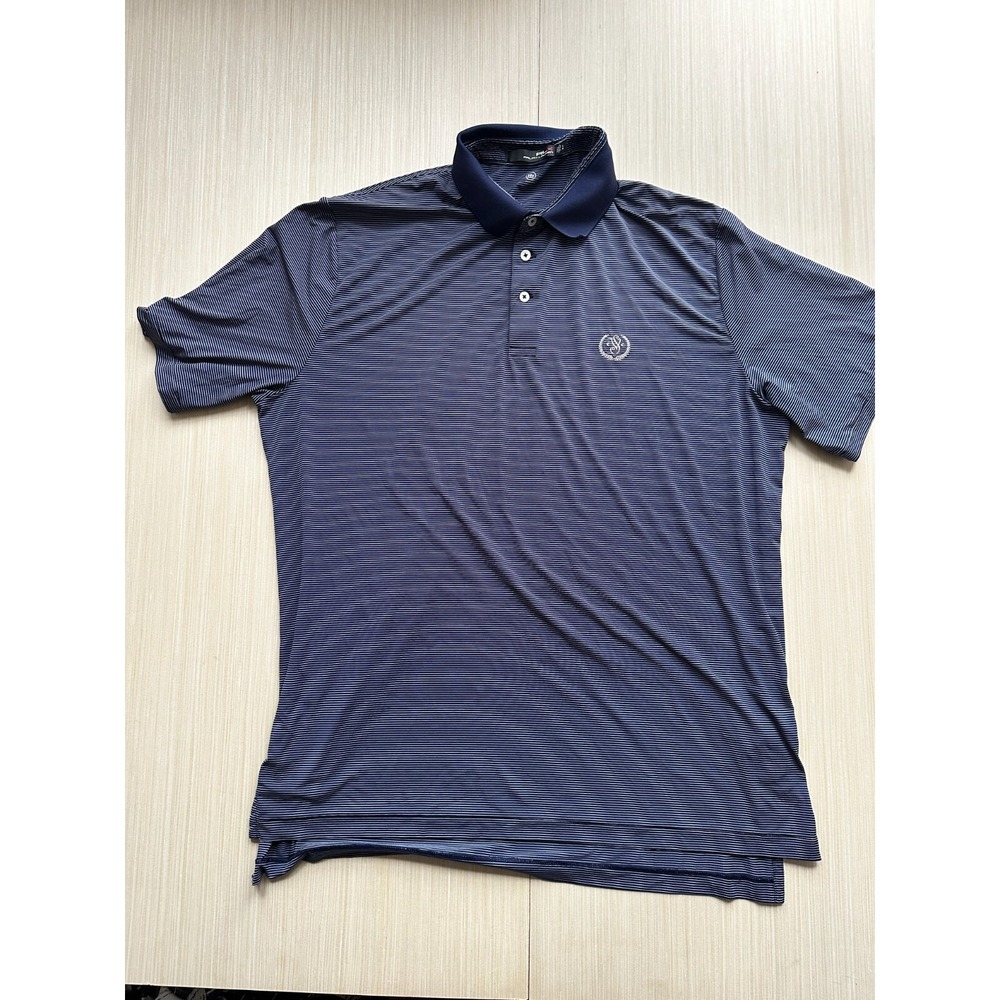 RLX Ralph Lauren Polo Shirt Mens Large Blue‎ White Striped Short Sleeve Golf